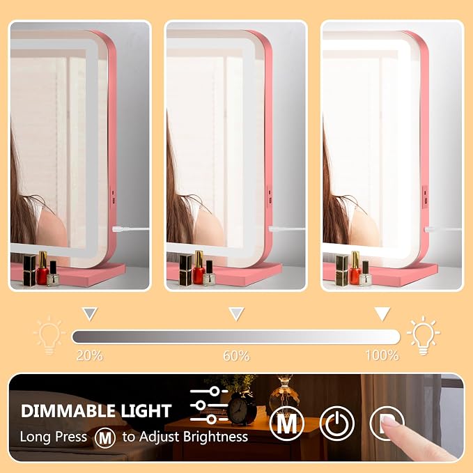 Ratsamee 23"x18" Pink Vanity Mirror with Lights, Led Makeup Mirror, Lighted Makeup Mirror with 3 Color Dimmable Lights, Smart Touch Screen Control, Aluminum Metal Frame,USB Charging Port