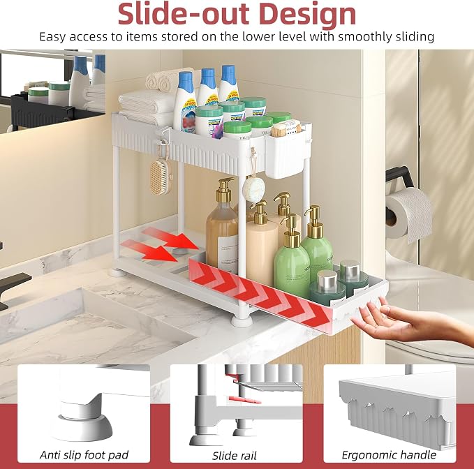 Sevenblue Under Sink Organizer, Bathroom Organizers and Storage, 2 Tier Multi-Use Pull Out Cabinet Organizer with Hang Hooks and Cups (White, 12.8 Inch)