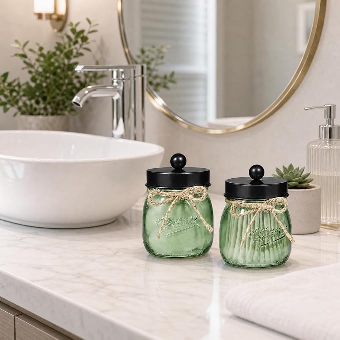 SheeChung 3 Pack Green Glass Mason Jar Qtip Holder Dispenser, Black Lids | Apothecary Jar Canisters Set,Stainless Steel Lids,Small Bathroom Jars,Vanity Storage Organizer for Cotton Swab,Ball,Pad,Floss
