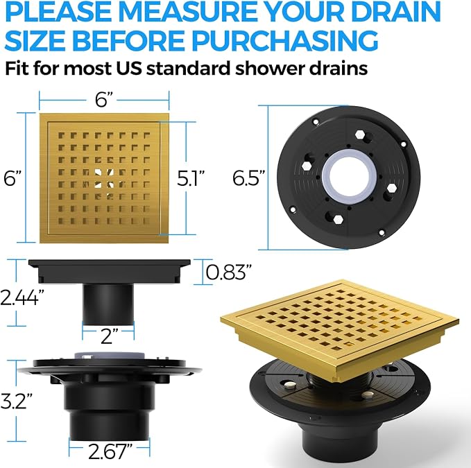 zaa 6 Inch Square Shower Drain, Bathroom Floor Drain, 304 Stainless Steel Shower Floor Drain Kit with Flange, Removable Shower Drain Grate with Hair Strainer, Gold