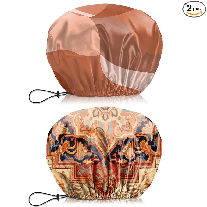 2 PCS Shower Cap Waterproof Double Layer Elastic Adjustable Reusable Hair Bath Caps for Girls Women Cute Aesthetic-Red