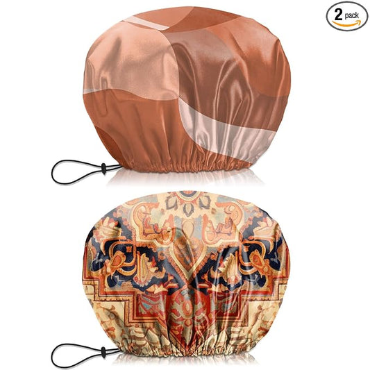 2 PCS Shower Cap Waterproof Double Layer Elastic Adjustable Reusable Hair Bath Caps for Girls Women Cute Aesthetic-Red