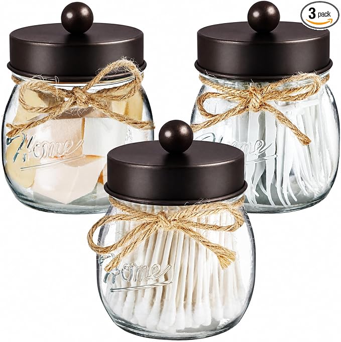 SheeChung 3 Pack Qtip Holder for Bathroom, Cotton Swab Holders, Bathroom Decor, Apothecary Jars with Lids for Cotton Round Pads, Balls, Floss Picks - Bronze