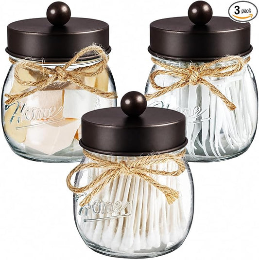 SheeChung 3 Pack Qtip Holder for Bathroom, Cotton Swab Holders, Bathroom Decor, Apothecary Jars with Lids for Cotton Round Pads, Balls, Floss Picks - Bronze