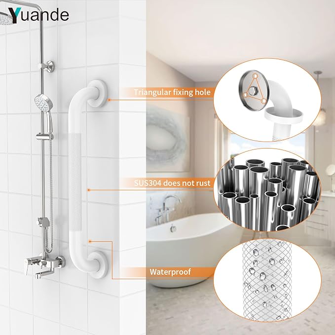 20 Inch Anti Slip Shower Grab Bar, YuanDe White Stainless Steel Bath Grab Bar, Knurled Bathroom Safety Rail, Shower Handrail Support, Handicap Elderly Balance Assist Handles-1.25" Diameter