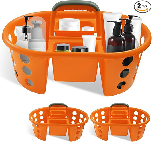 SIMPLYKLEEN Large Shower Caddy Portable 2PC - Made in USA Plastic Jumbo Size Dorm Storage Candy Tote with Handle Shower Organizer for Bathroom, Pantry, Kitchen, College Dorm, Orange
