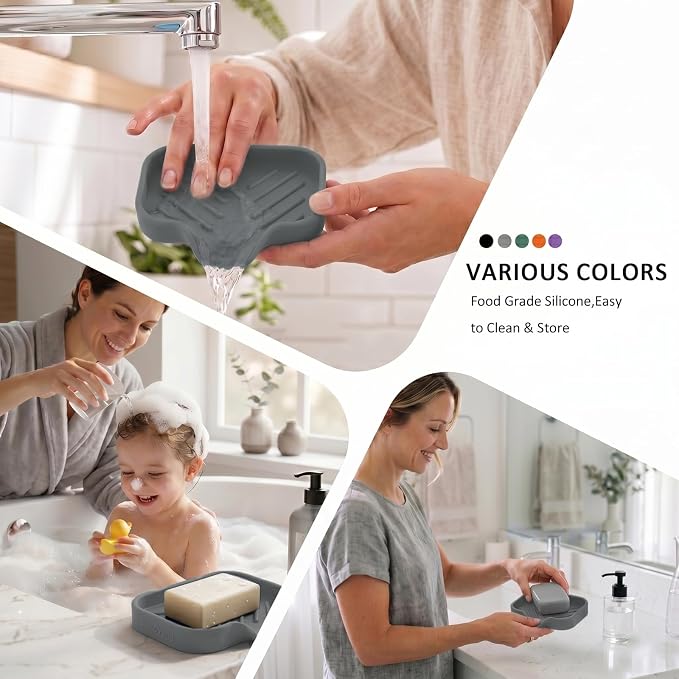 MicoYang Silicone Soap Dish with Drain Spout, Self-Draining Sink Organizer Tray for Bathroom and Kitchen, Sponges, Dispensers and Soap Holder, Non-Slip and Dishwasher Safe, Grey (Compact, 4.9"×3.2")