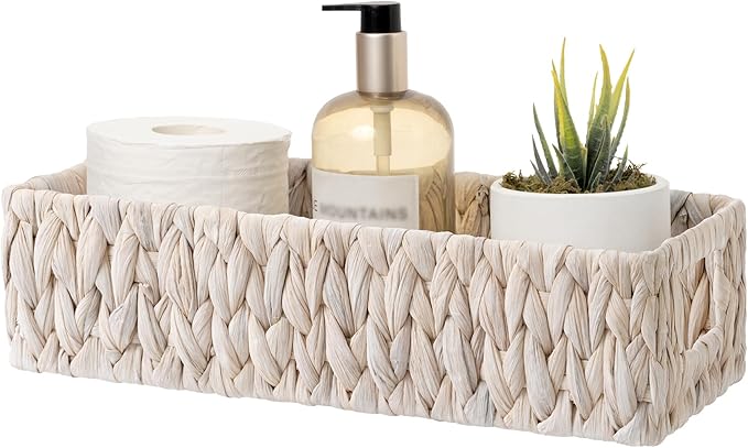 StorageWorks Wicker Toilet Paper Basket for Back of Toilet Baskets, Water Hyacinth Bathroom Basket Organizer and Storage for Tank Topper, Small Tank Trays for Decor with Built-in Handles, White