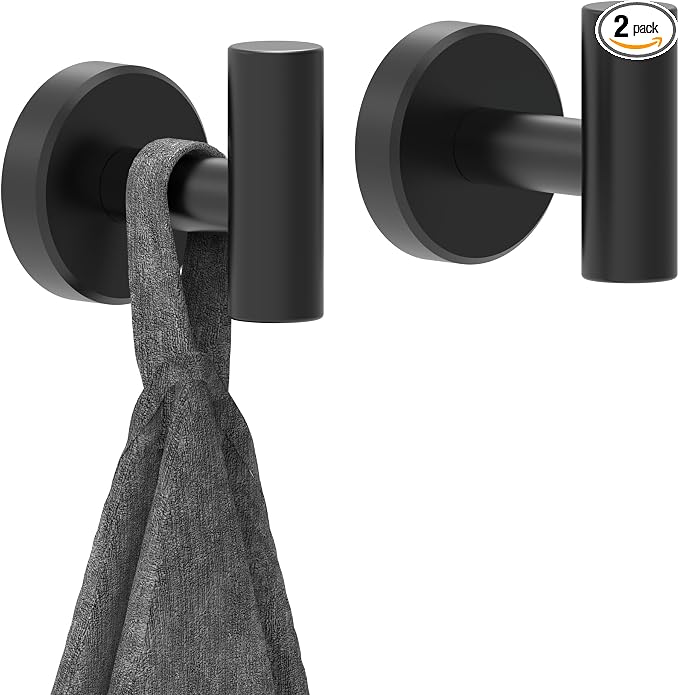 RARXTR Black Bathroom Towel Hook, Coat Robe Clothes Hook for Kitchen Garage Wall Mounted 2 Pack, 304 Stainless Steel, Heavy Duty Door Hanger, Cabinet Closet Wall Hook for Hotel Pool (Matte Black)