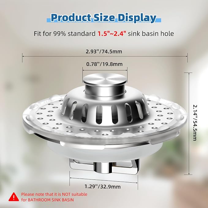 Universal Bathtub Drain Stopper, Metal Top Strainer Hair Catcher, Chrome | Shower Drain Tub Stopper with Stainless Steel Visible Filter Basket, Upgraded 3 in 1 Pop-up Drain Plug for 1.5 to 2.4" Hole
