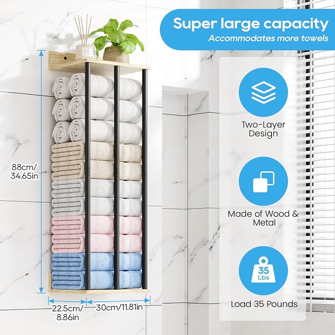 Towel Racks for Bathroom Wall Mounted, 3 Bar Wall Towel Rack | Metal Towel Holder with Wooden Shelf, Sturdy and Large Capacity, Towel Storage Organizer for Rolled Towels