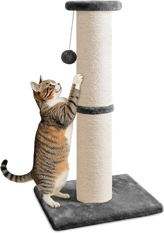 PAWSCRAT 32-Inch Tall Cat Scratching Post, 5-Inch Diameter, Sisal, Grey | Natural Sisal Scratching Surface with a Dangling Ball for Indoor Cats, Scratch-Resistant Durable and Protect Your Furniture
