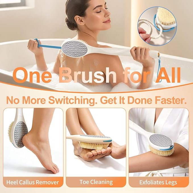 BUBBLEDANCE® Long Handle Foot Scrubber & Brush – 2-in-1 for Shower | Stainless steel removes calluses & rough heels; nylon bristles exfoliate feet; extendable 17.5"-31.9"; non-slip, rust-proof