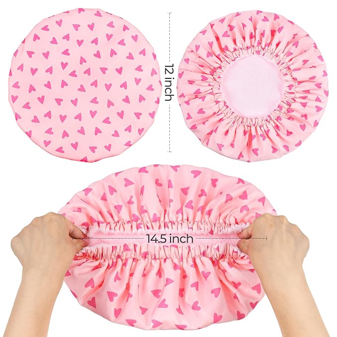 Shower Cap for Women Terry Lined Bath Cap Large Reusable Waterproof Elastic Pink Hearts Shower Caps for Long Thick Hair Soft Bath Shower Hair Caps