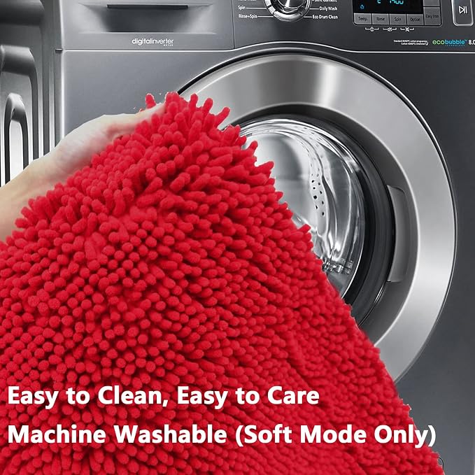 BOANKODU Red Bathroom Rugs Sets 2 Piece, Absorbent Bath Mat for Bathroom Very Soft Chenille Non-Slip, 32x20 Inch + 20x20 Inch U Shape Bathroom Mat, Machine Washable