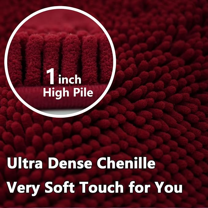 Bathroom Rugs Chenille 3-Piece Extra Soft and Absorbent Shag Bathroom Rugs, Machine Wash Mat, Strong PVC Non-Slip Underside, Plush Carpet Mats (Burgundy)