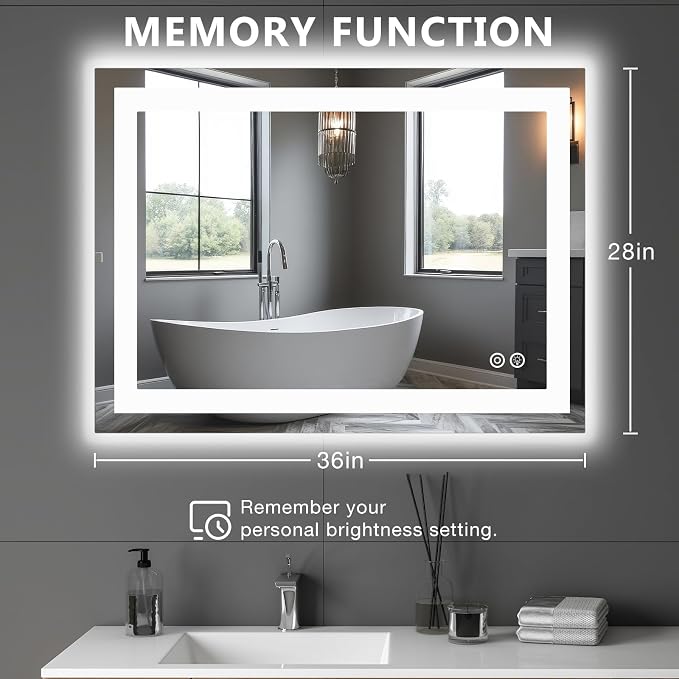 DUMOS 28.1"x36.1" LED Bathroom Mirror, Bathroom Vanity Mirror | Smart Anti-Fog, Front Light and Backlit, 3 Color Temperatures, Dimmable, Memory Function