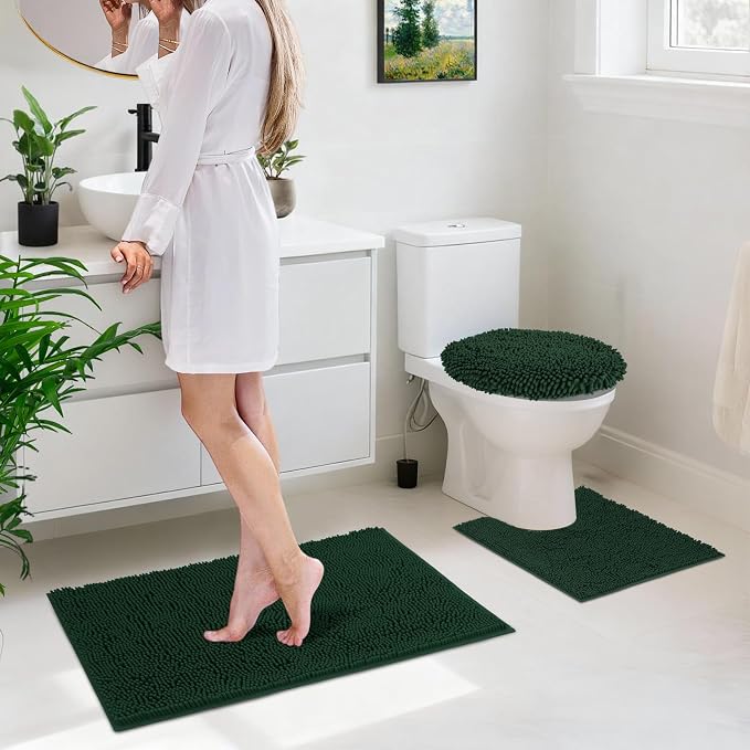 Bathroom Rugs Sets 3 Piece with Toilet Seat Cover 19.5"x 18.5" | Machine Washable Bath Rug Set with Tpr Non Slip Rubber Backing Solid Bath Mat Set for Luxury Bathroom Decoration