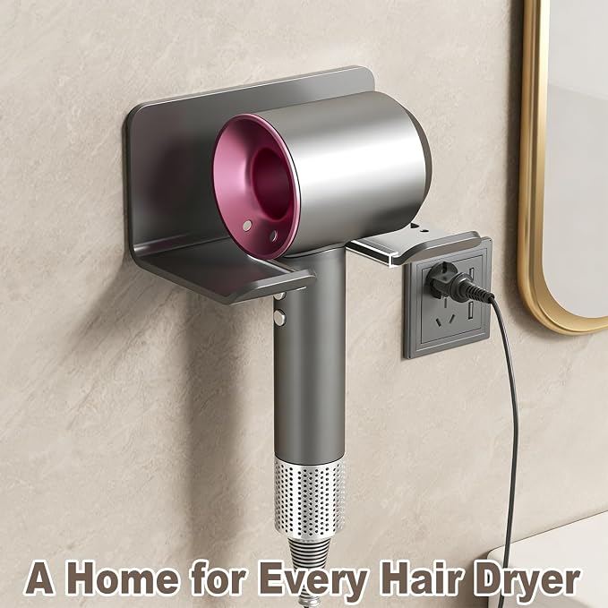 Aluminum Hair Dryer Holder Wall Mount,Self-Adhesive Blow Dryer Hanger with Cord Organizer & Anti-Scratch Strip, No Drilling for Bathroom Cabinet Door Vanity, Universal Fit for All Hair Dryers