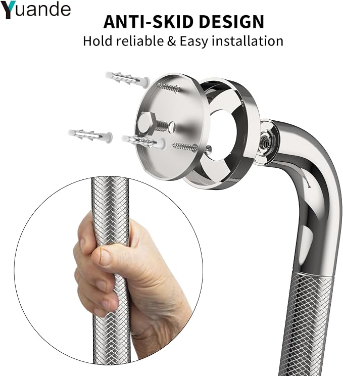 24 Inch Anti Slip Shower Grab Bar, YuanDe Polished Chrome Stainless Steel Bath Grab Bar, Knurled Bathroom Safety Rail, Shower Handrail Support, Handicap Elderly Balance Assist Handles-1.25" Diameter