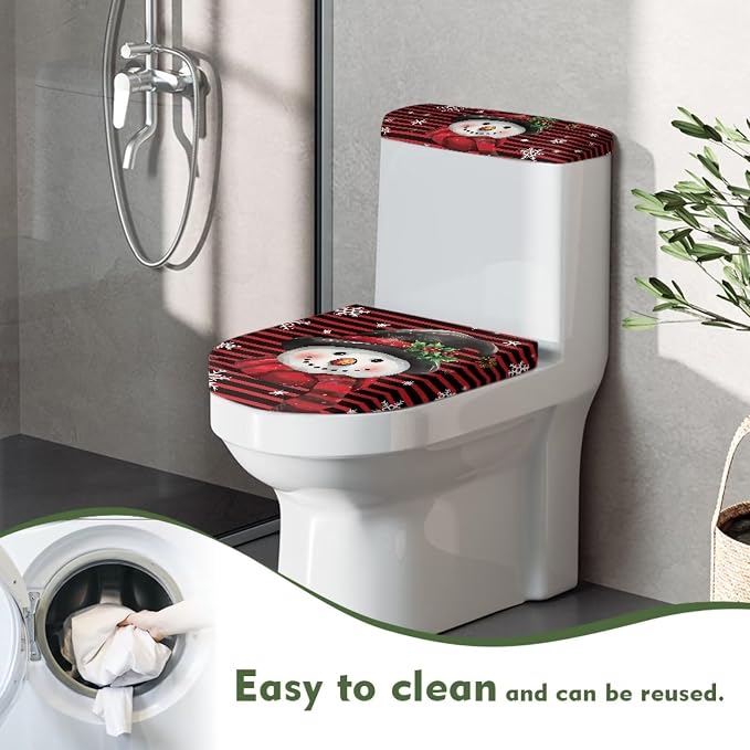 Christmas Toilet Lid Cover and Tank Cover Set of 2 Pack Cute Snowman Toilet Seat Cover Set Washable Toilet Tank Lid Cover Christmas Decor