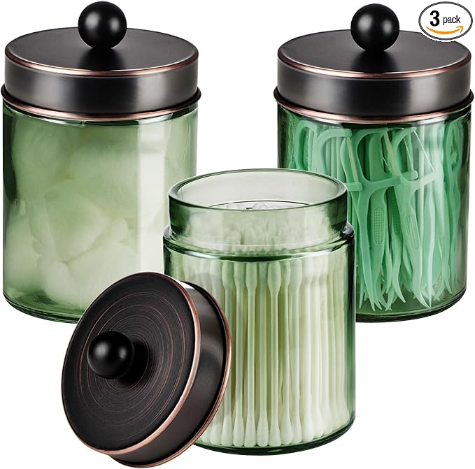 3 Pack Apothecary Jar Canisters Bathroom Vanity Organizer - Qtip Holder Storage Organizer Set Countertop Canister with Stainless Steel Lids &Cute Stickers for Qtips,Cotton Swabs,Makeup Sponges,Floss