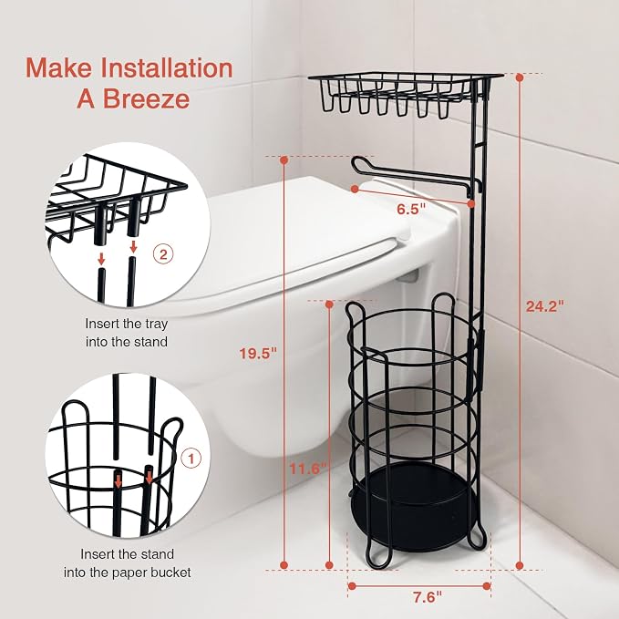 Goozii Matte Black Free Standing Toilet Paper Holder Stand with Shelf, Freestanding Bathroom Tissue Dispenser with Wipes Storage, Floor Toilet Paper Holder with Phone Tray for Large Mega Rolls
