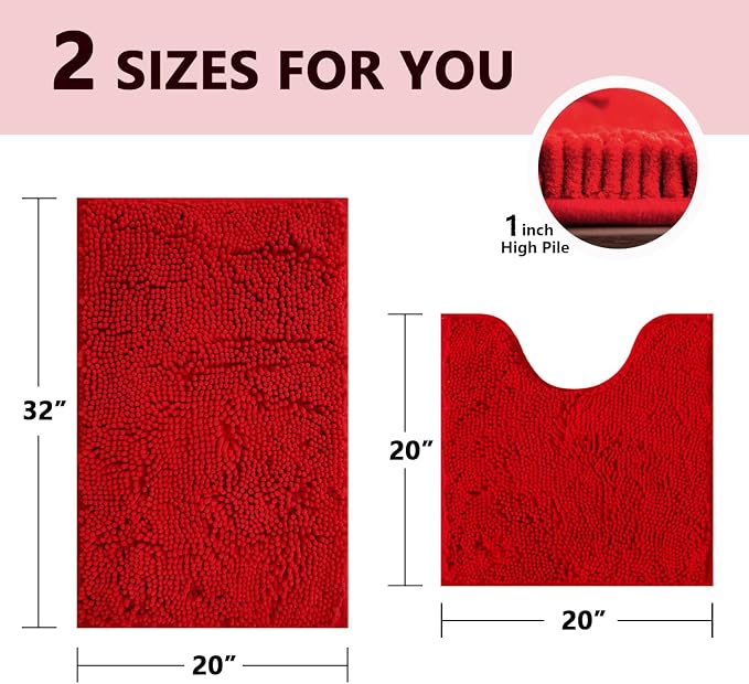BOANKODU Red Bathroom Rugs Sets 2 Piece, Absorbent Bath Mat for Bathroom Very Soft Chenille Non-Slip, 32x20 Inch + 20x20 Inch U Shape Bathroom Mat, Machine Washable