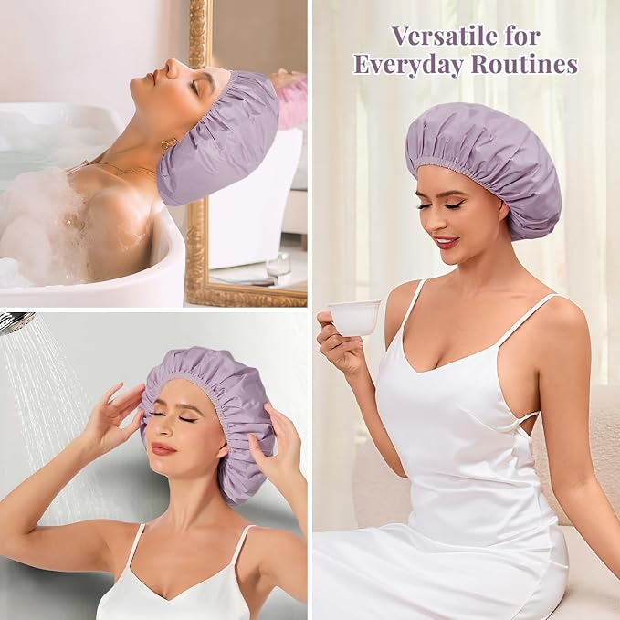 Shower Cap for Women Waterproof Reusable, Large Shower Cap Non-Slip with Elastic Band, Washable Bath Hair Hat for Long Hair, Braids (Purple)