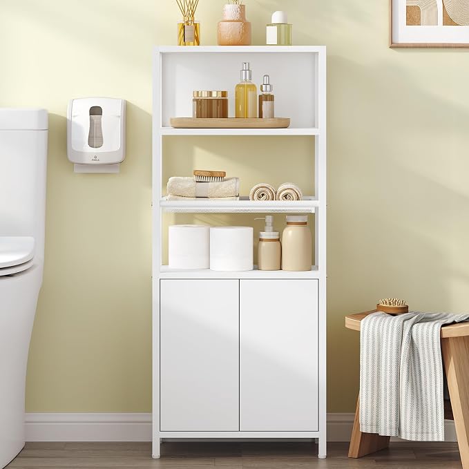 Hzuaneri Storage Bathroom Cabinet, Bathroom Floor Cabinet with Doors and Open Adjustable Shelf, Small Cabinets with Ventilated Metal Grid, Freestanding Storage Cabinets, White 7.9"D x 15"W x 35.5"H