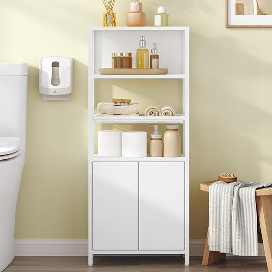 Hzuaneri Storage Bathroom Cabinet, Bathroom Floor Cabinet with Doors and Open Adjustable Shelf, Small Cabinets with Ventilated Metal Grid, Freestanding Storage Cabinets, White 7.9"D x 15"W x 35.5"H