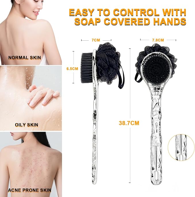 Long Handle Back Scrubber,Dual-Sided for Exfoliation & Deep Cleansing(Black | For Back & Legs & Feet, Non-slip textured handle, Rich Lather,Easy Hanging, For All Skin Types