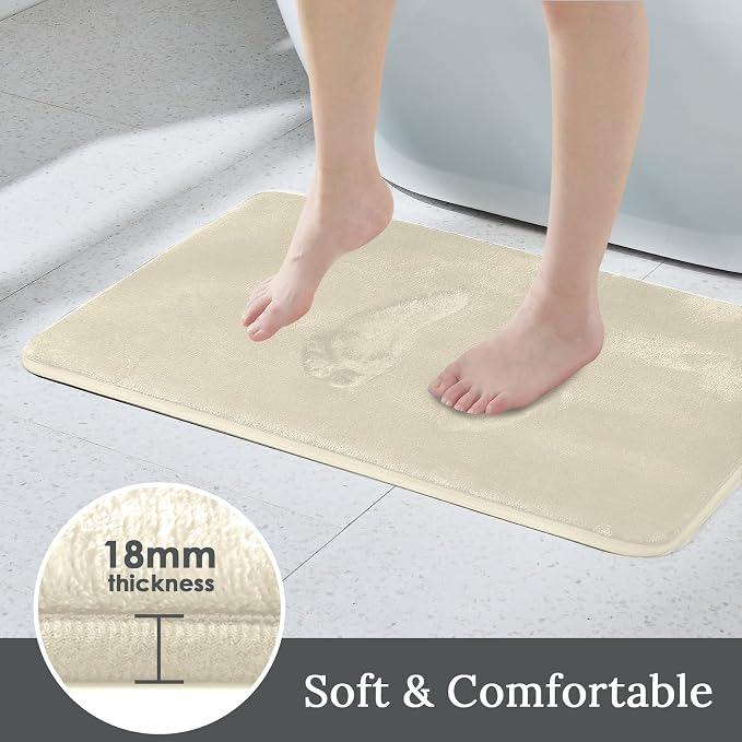 HUXMEYSON 3-Piece Memory Foam Bathroom Rug Set, Ivory | Quick Dry Velvet Surface, Non-Slip & PVC Backing, Ultra Soft Bath Rugs for Bathroom, 17"x24"+20"x32"+U Shape 20"x24"