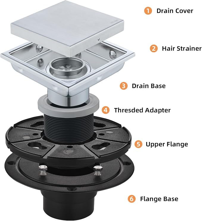 4-Inch Square Shower Drain, Brushed Nickel Floor Drain with Flange, 304 Stainless Steel Bathroom 2-in-1 Tile Drain