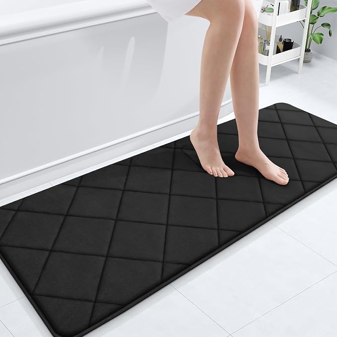 OLANLY Memory Foam Bath Mat 59x20, Ultra Soft and Absorbent Bathroom Rugs | Black, Quick Dry, Machine Washable Shower Bath Rugs, Comfortable Bath Carpet for Bathroom Floor, Tub and Shower