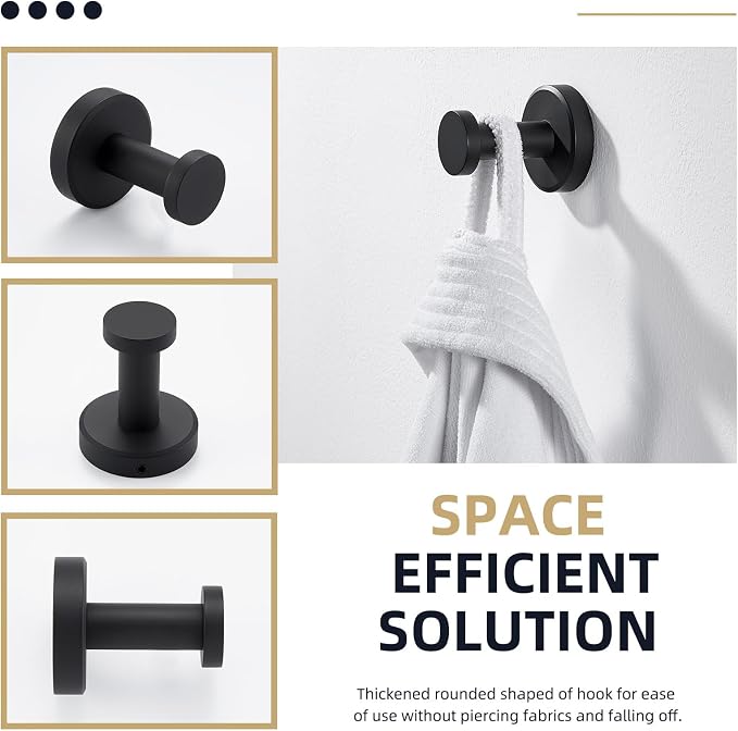 Angle Simple Towel Hook Matte Black, SUS304 Stainless Steel Bathroom Hand Towel Holder, Compact Round Robe Hook Wall Mount