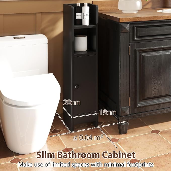 GIANTEX Bathroom Cabinet, Narrow Side Cabinet with Adjustable Shelf, Bathroom Cabinet, Space Saving, Storage Cabinet for Laundry Room, Living Room & Kitchen, 20 x 18 x 80 cm (Black)