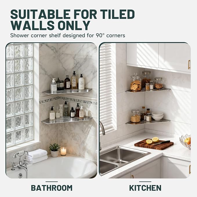 10" Corner Shower Shelf, Recessed Corner Shelves, 304 Stainless Steel Slot Design Bathroom Shower Shelves for Tiled Wall, 2 Pack, Brushed Nickel