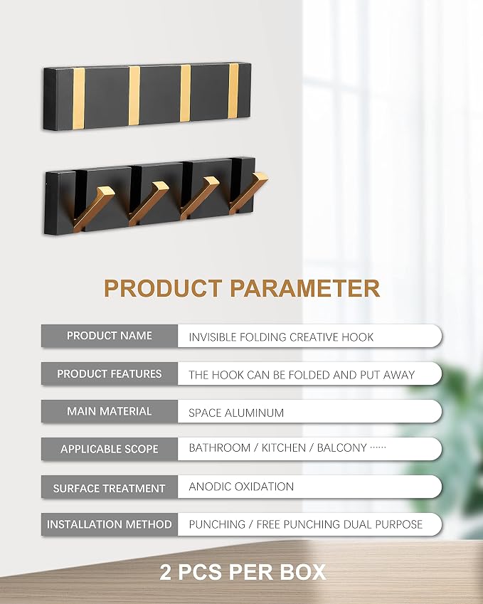 2 Pack，Waterproof Towel Hooks for Bathroom，Foldable Black Gold Coat Hooks，Free Perforated，Wall Hooks for Coat，Black Towel Hook，Robe Hook，for Balcony，Kitchen.