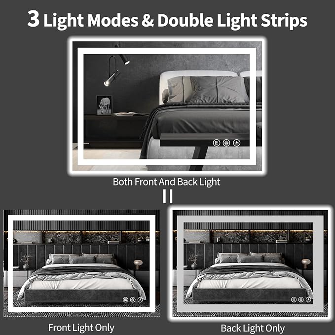 Koonmi 42x36 LED Bathroom Mirror with Light, Anti-Fog, 3 Colors | Backlit + Front Lit, Dimmable Brightness, Shatterproof HD Distortion-Free Tempered Glass, Hardware Included