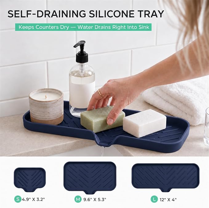 MicoYang Silicone Soap Dish with Drain Spout — Self-Draining Double Sink Organizer Tray for Kitchen & Bathroom, Dispensers, Sponges & Soap Holder, Non-Slip & Dishwasher Safe, Navy Blue (Large, 12"×4")