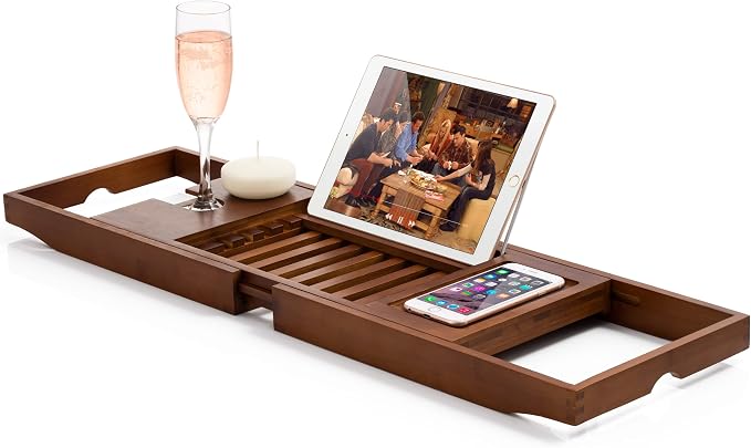 Bamboo Bathtub Caddy Tray - Expandable Waterproof Spa Bath Tray with Wine Glass Holder, Book/Tablet Stand, and Phone Slot - Non-Slip, Adjustable Handles for Most Tubs (Brown)