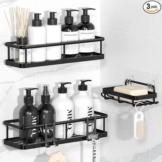 Shower Caddy Adhesive, Rustproof Shower Organizer with Soap Holder, Large Capacity Shower Shelves for Inside Shower, No Drilling Bathroom Organizers and Storage for Home Decor（3 Pack Black）
