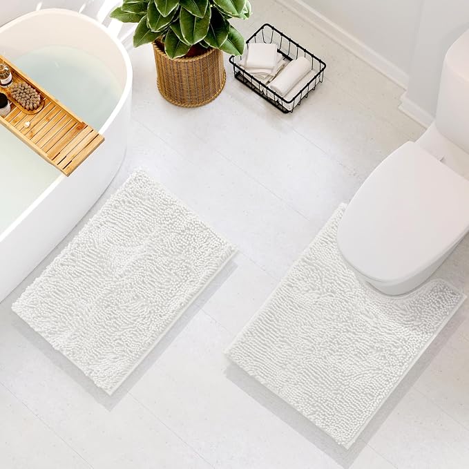 Hearth & Harbor Bathroom Rugs, Chenille Bath Mat - Machine Washable Bath Mats for Bathroom Non-Slip Backing Rubber, Quick Dry Bathroom Mat - White 17x24-20x24