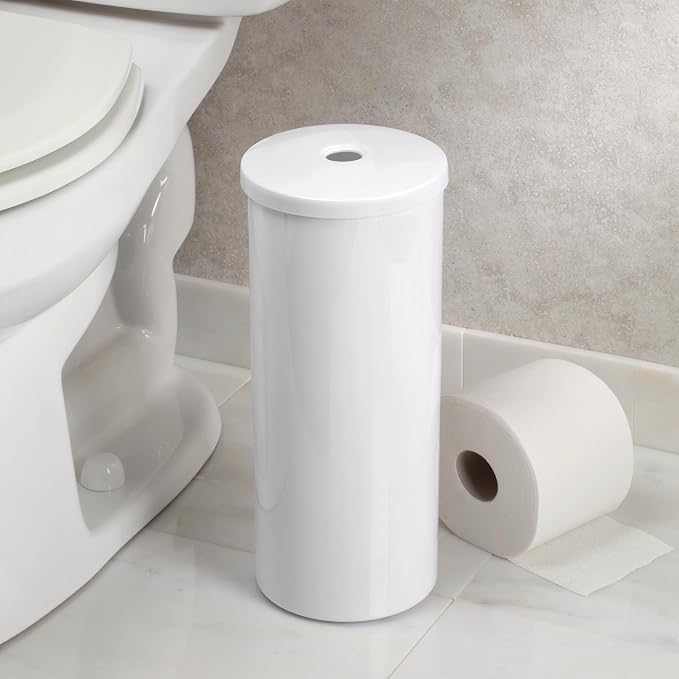 iDesign Freestanding Toilet Paper Canister with Lid, White | For 3 Extra Rolls, Made in USA