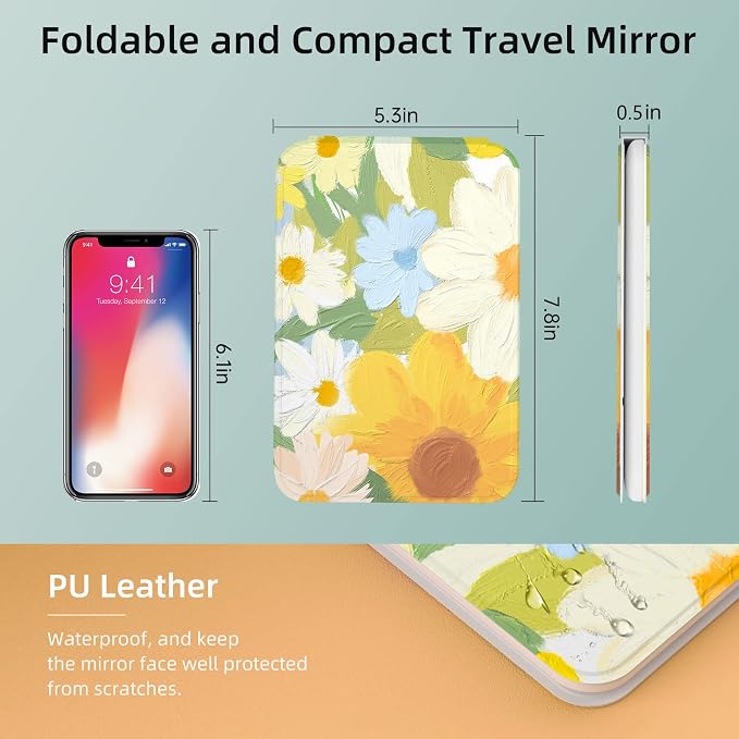 FUNTOUCH Rechargeable Travel Lighted Makeup Mirror with PU Leather Cover | Portable Travel Makeup Mirror with lights, 3 Color Lighting,Touch Dimmable, Light Up Tabletop Cosmetic Mirror Folding Flower