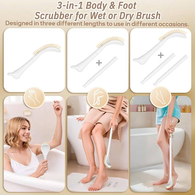 Foot Brush & Back Scrubber Set, 27.5'' Adjustable Foot Scrubber for Shower, 18.9'' Shower Back Scrubber with 3-Length Usage, Great Aid for People with Limited Mobility(White Set)