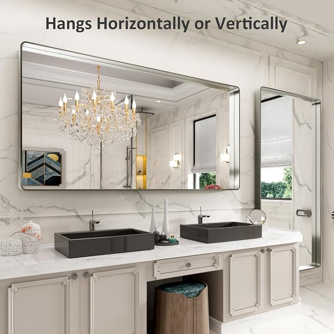 LOAAO 72X32 Inch Brushed Nickel Bathroom Mirror | Rounded Rectangle, Silver Metal Frame, Anti-Rust, Tempered Glass, Hangs Horizontally or Vertically