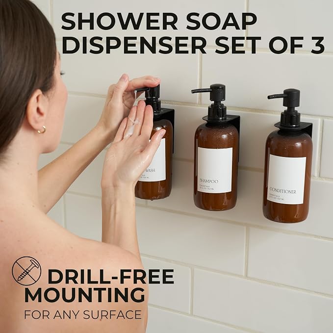 Stylish Shampoo & Conditioner Dispenser Set of 3 - Wall Mount, Drill Free | Modern 21oz Shower Soap Bottles with Labels - Easy Refill Body Wash Dispensers for an Instant Bathroom Decor Upgrade