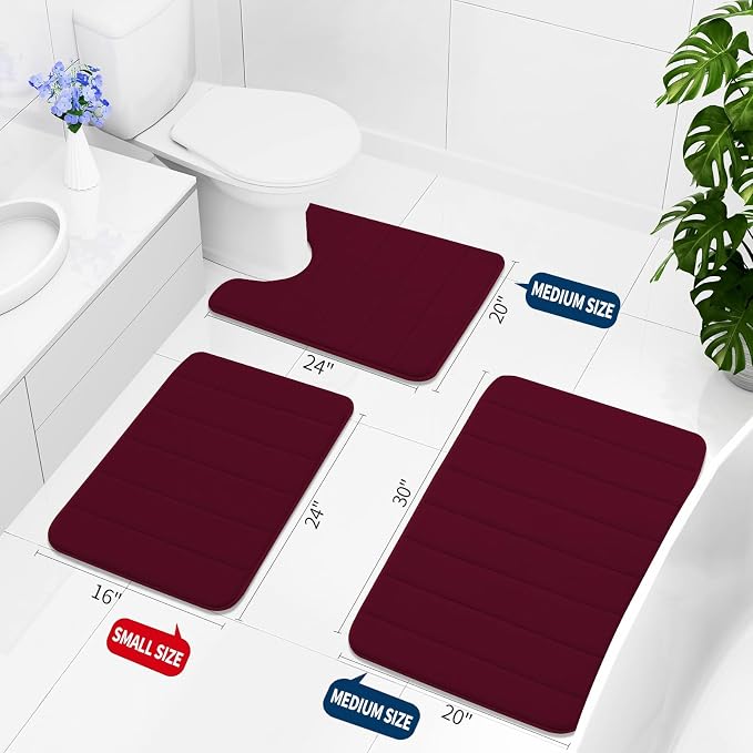 Buganda Memory Foam Bath Mat 35 x 24, Ultra Soft Absorbent Bathroom Rugs | Burgundy, Machine Washable Quick Dry Bath Mats for Bathroom Floor, Shower and Tub, Home Decor Accessories